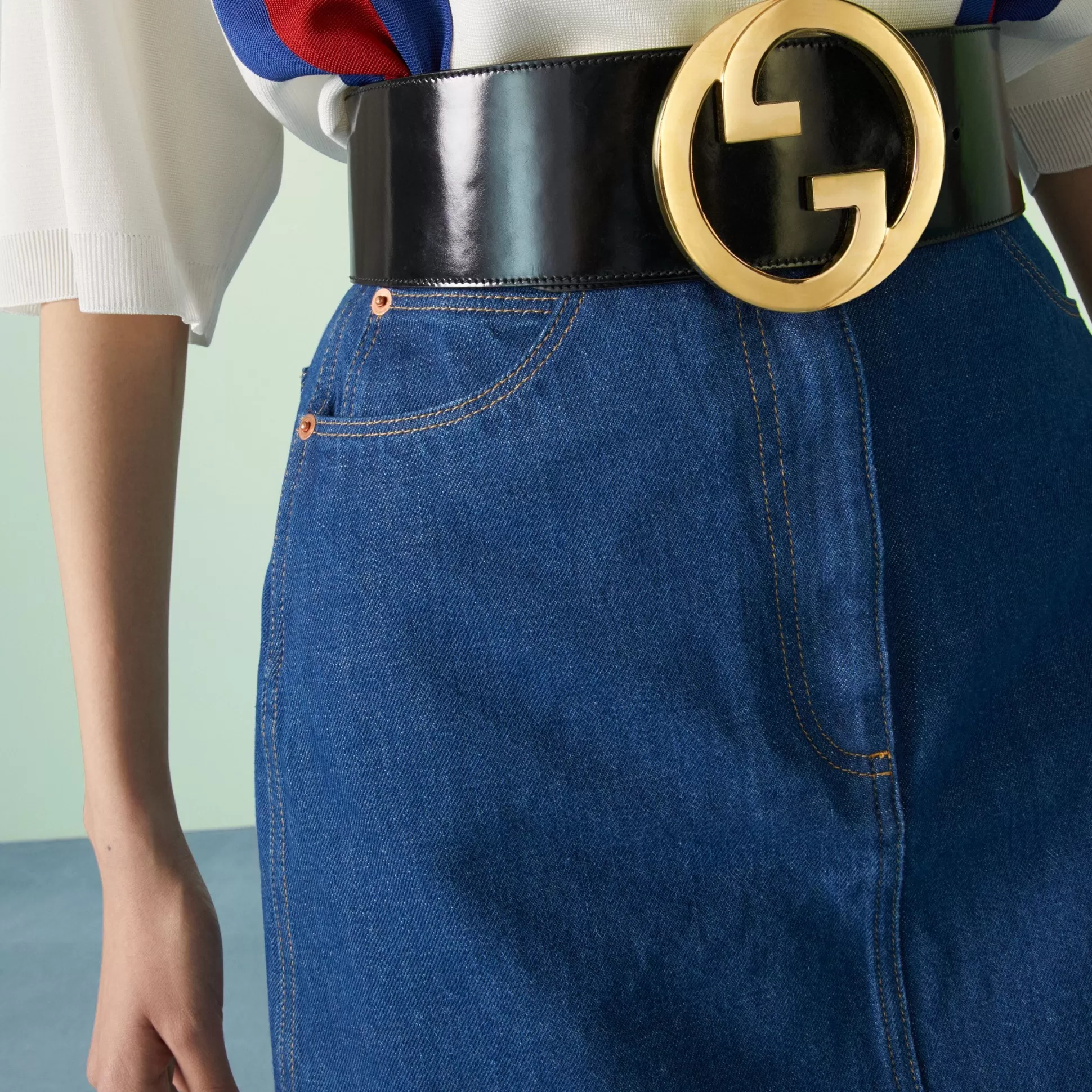 GUCCI Denim Mini Skirt With Web Belt-Women Denim