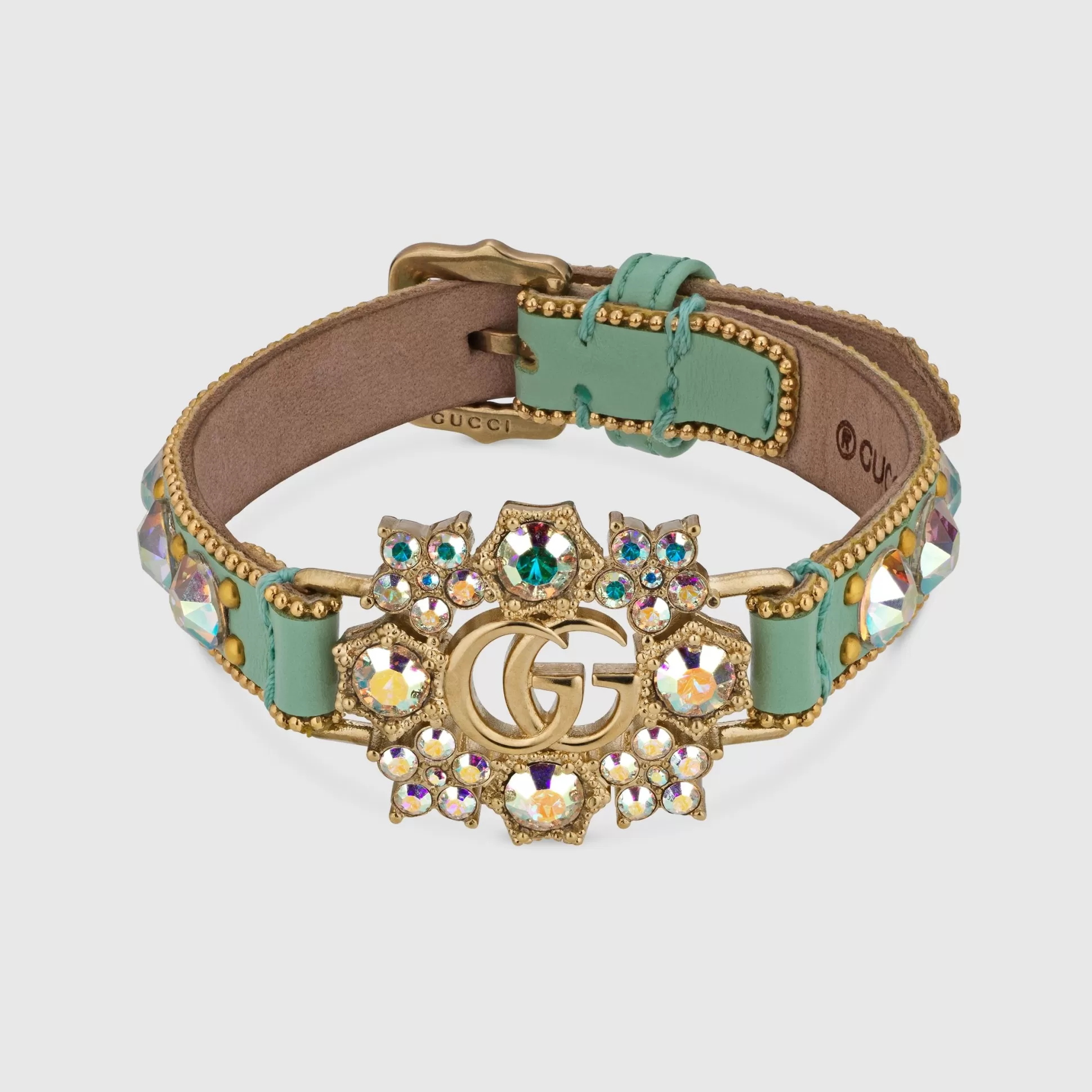 GUCCI Double G Crystal Flower Leather Bracelet- Bracelets