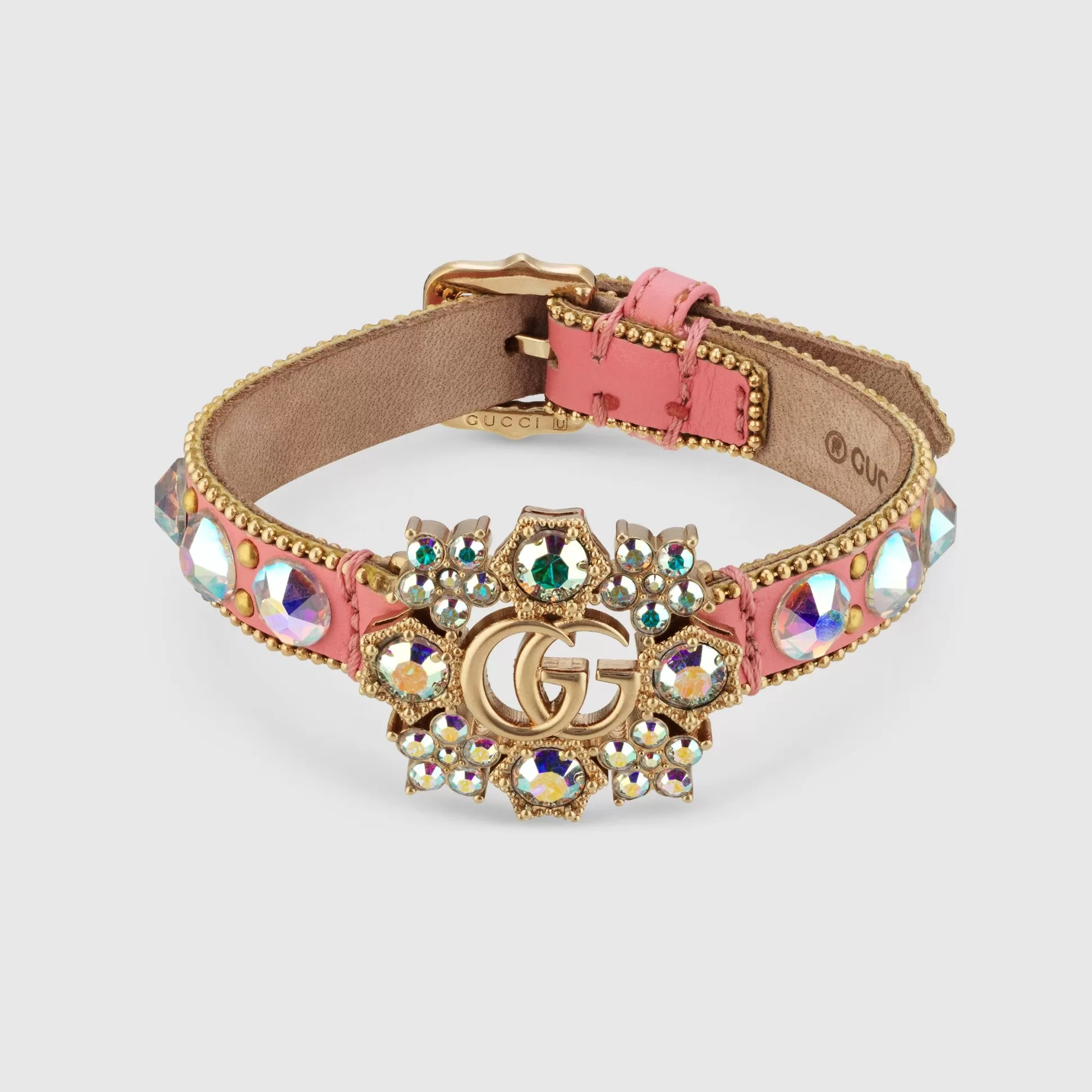 GUCCI Double G Crystal Flower Leather Bracelet- Bracelets