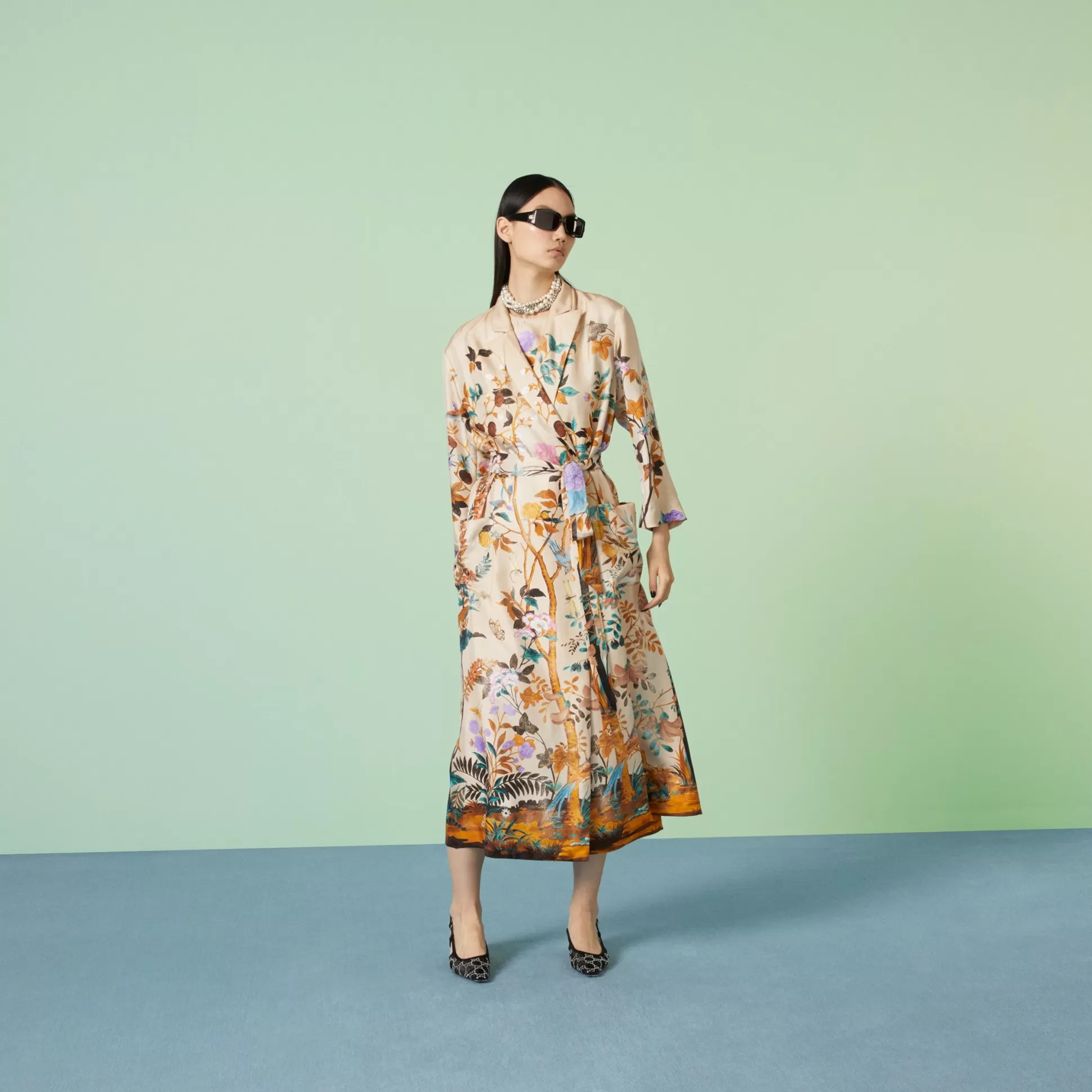 GUCCI Tian Print Silk Gown-Women Coats & Jackets